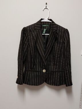 Lauren Ralph Lauren Black Pinstripe Single-Button Waist-Length Blazer